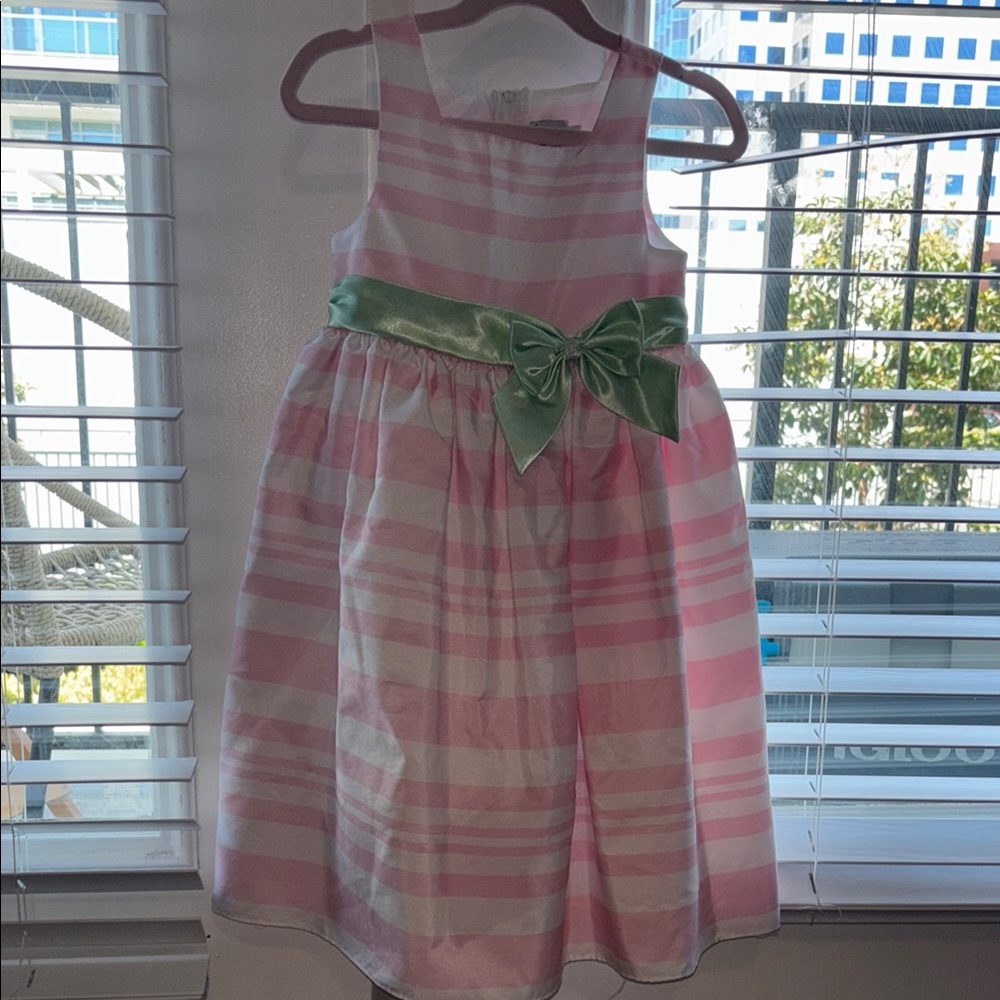 Pink and White Striped Dress with Green Bow